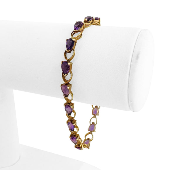 14k Yellow Gold and Amethyst 8.9g Ladies Vintage Heart Link Bracelet 7.25