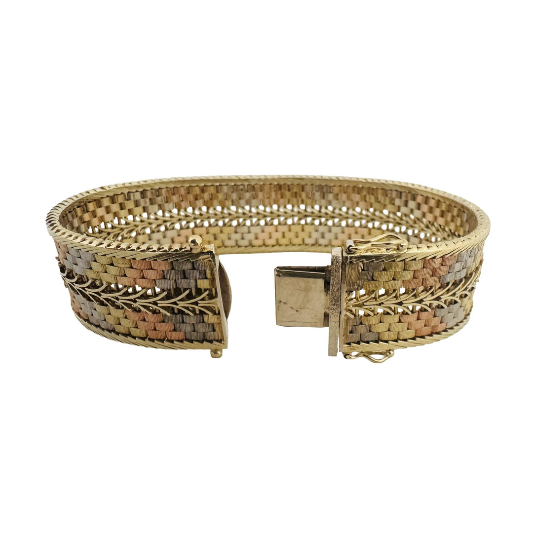 14k Yellow White and Rose Gold 43.3g Heavy Fancy Link Strap Bracelet Italy 7"