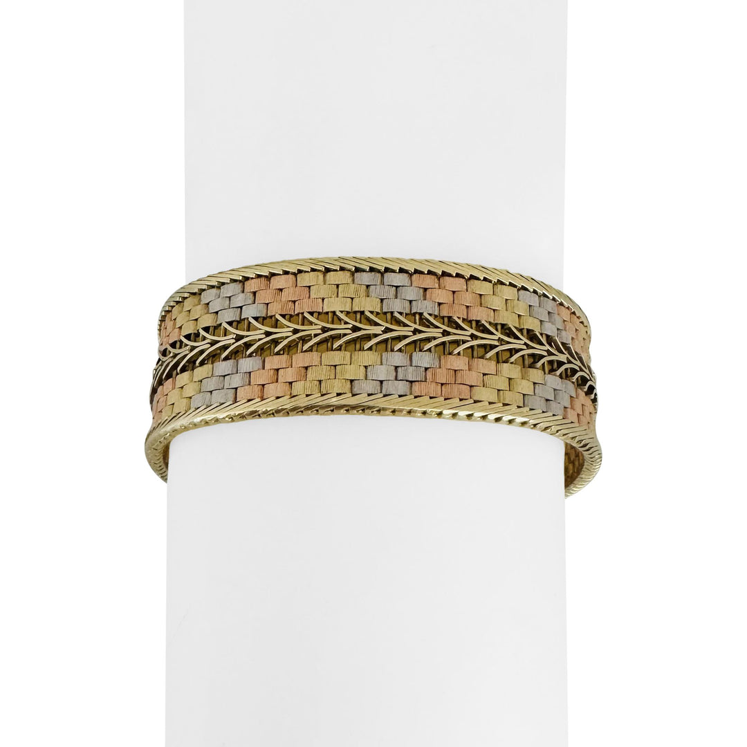 14k Yellow White and Rose Gold 43.3g Heavy Fancy Link Strap Bracelet Italy 7"