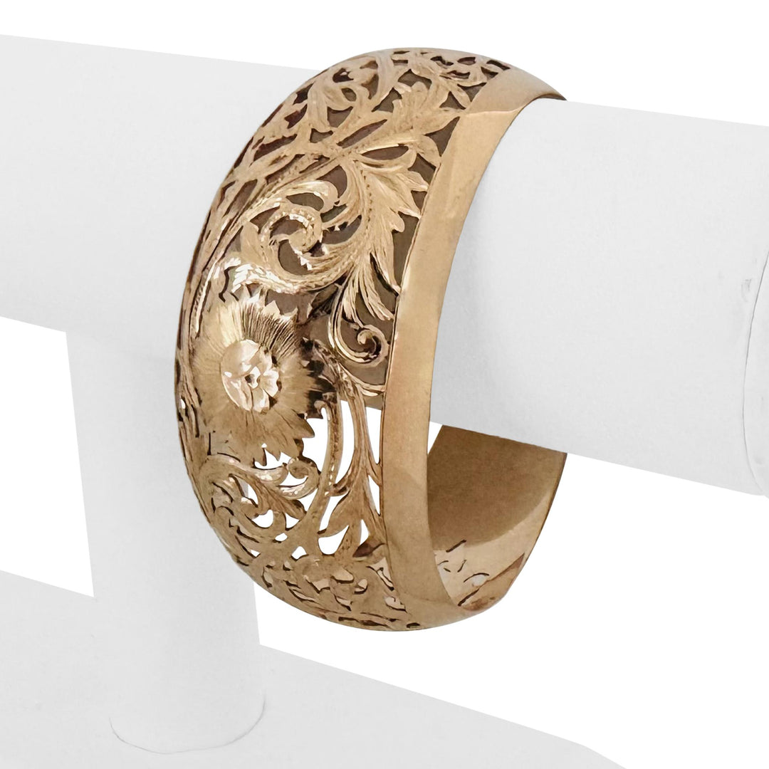 12k Rose Gold 36.4g Very Large Solid Vintage Floral Cuff Bracelet 7.5"