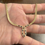 14k Yellow Gold Sapphire and Diamond Herringbone Station Pendant Necklace 16"