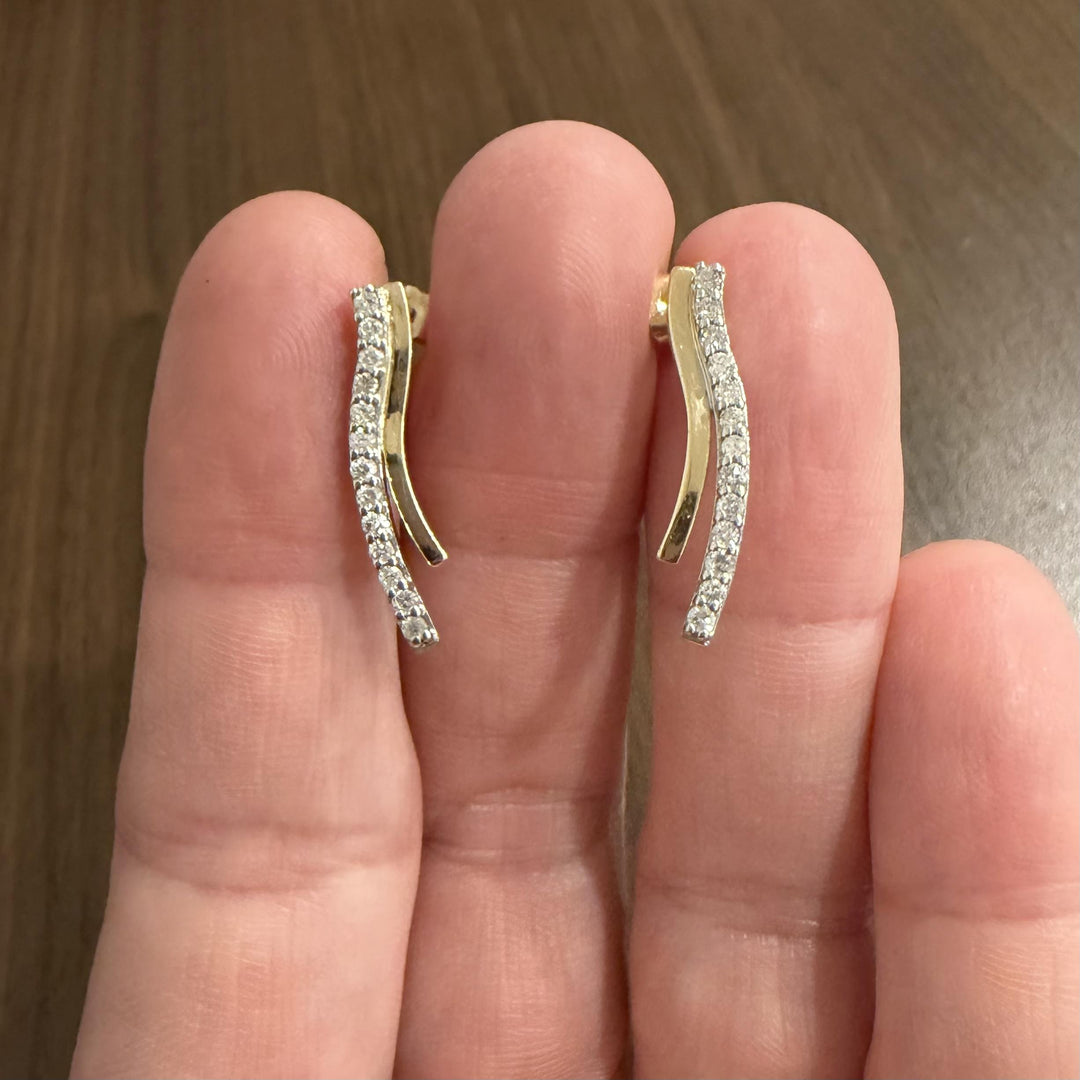 14k Yellow and White Gold Diamond Curved Bar Stud Earrings 1"