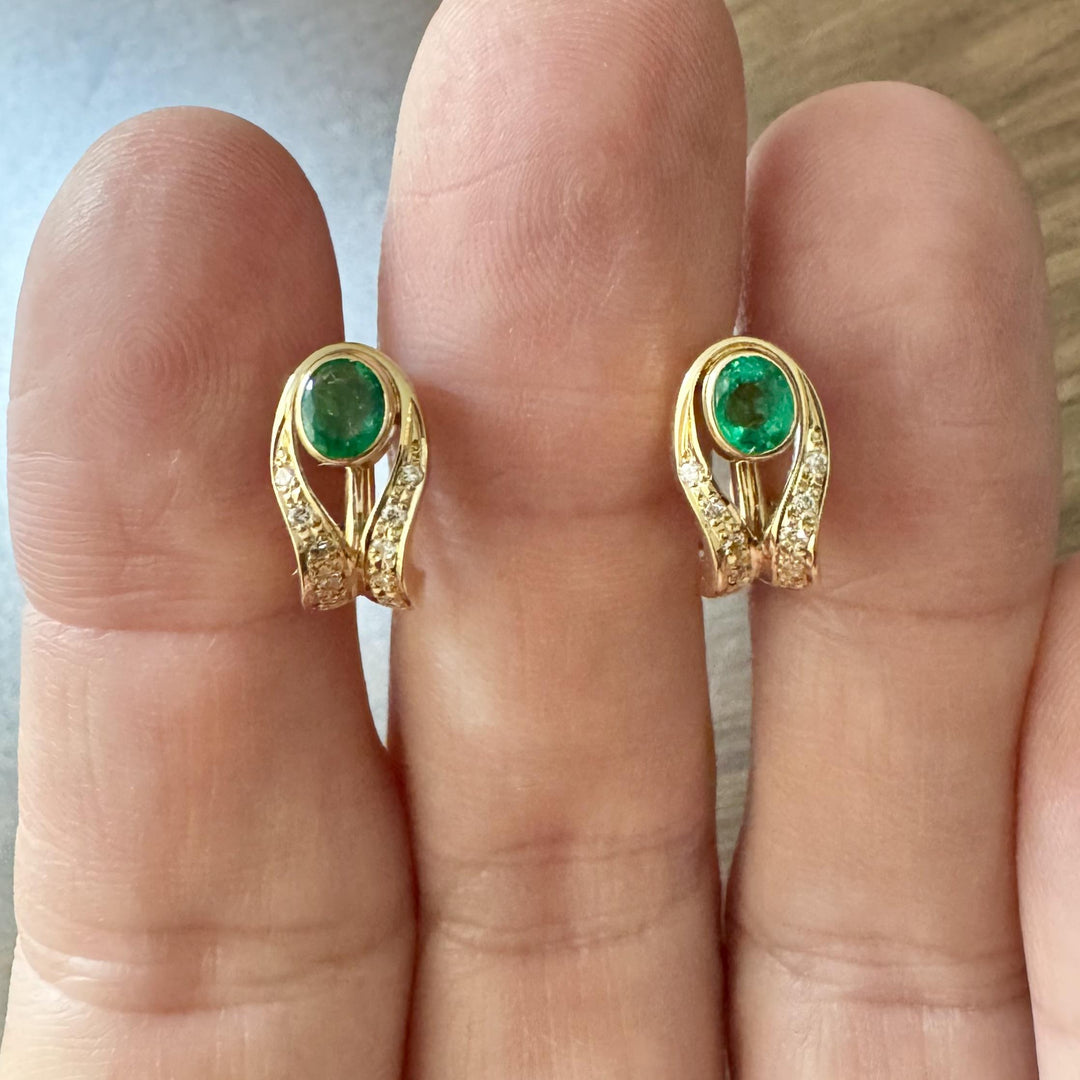 18k Yellow Gold Emerald and Diamond Ladies Earrings