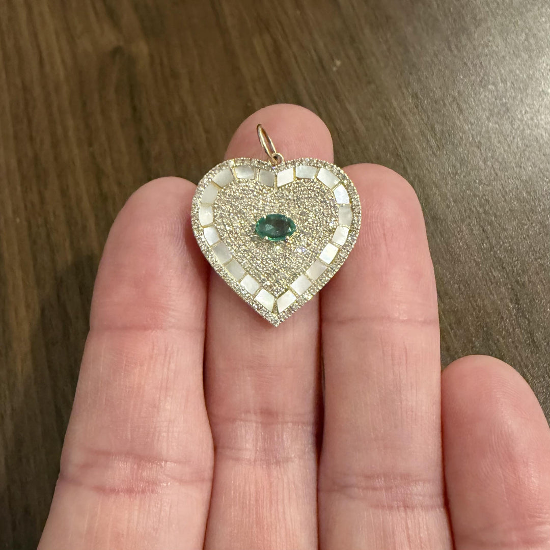 14k Yellow Gold Emerald Mother of Pearl and 1cttw Diamond Heart Charm Pendant