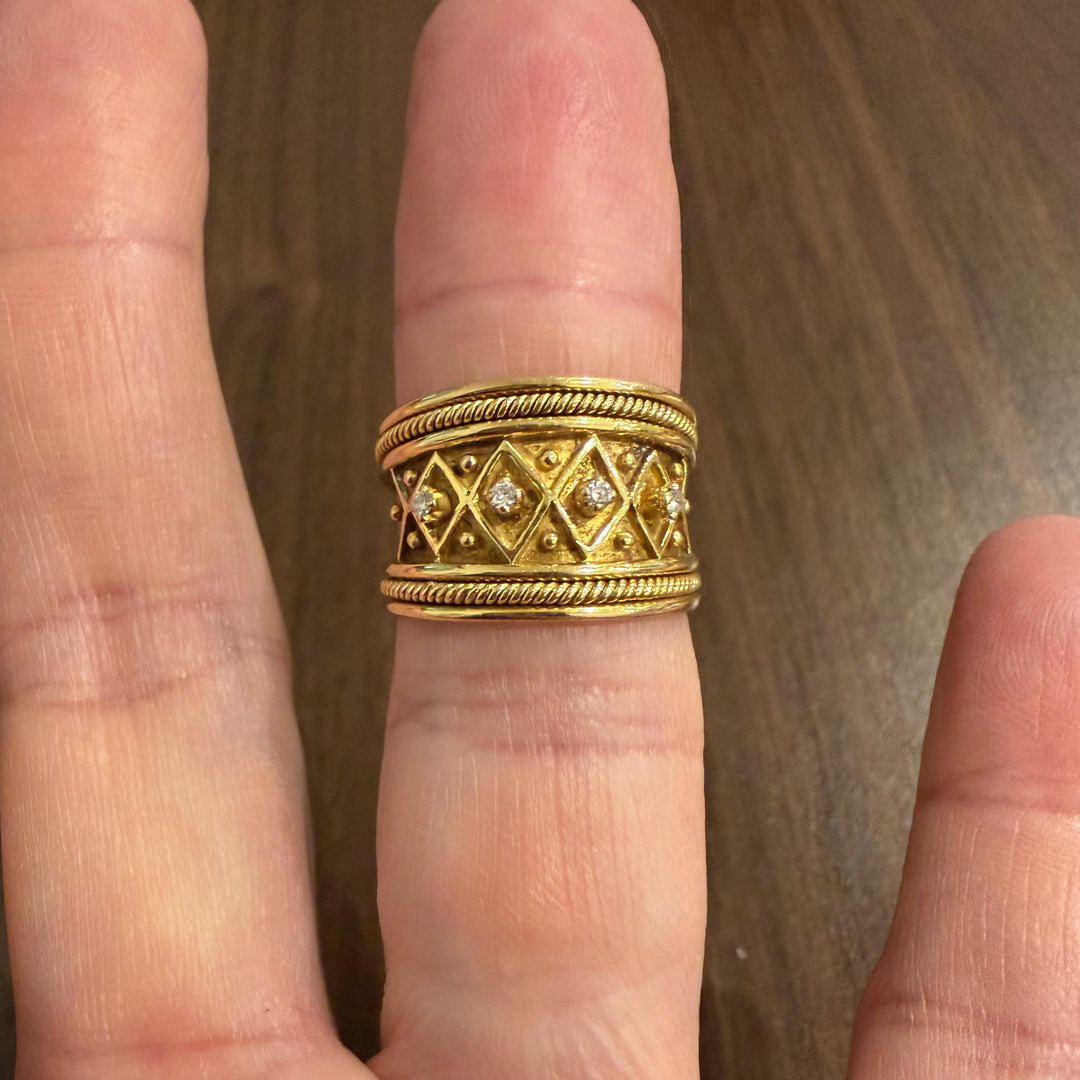 18k Yellow Gold and Diamond Wide Vintage Heavy Band Ring Size 7