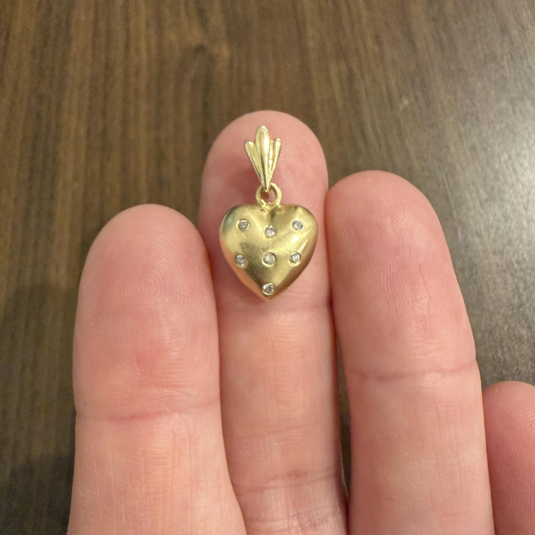 14k Yellow Gold and Flush Set Diamond Satin Finish Heart Pendant