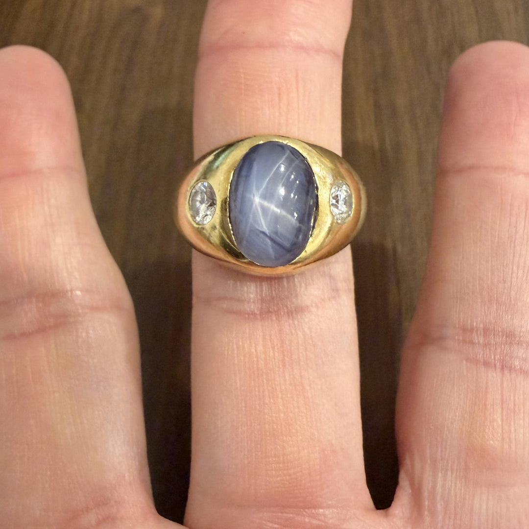 18k Yellow Gold Star Sapphire and 0.50cttw VS Diamond Vintage Ring Size 9.25