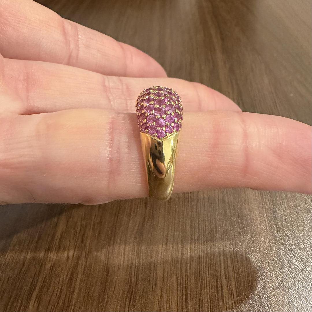 LeVian 18k Yellow Gold and Pave Set Pink Sapphire Bombe Band Ring Size 8