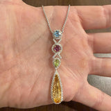 14k White Gold Multi Gemstone and Diamond Drop Pendant Station Necklace 18"