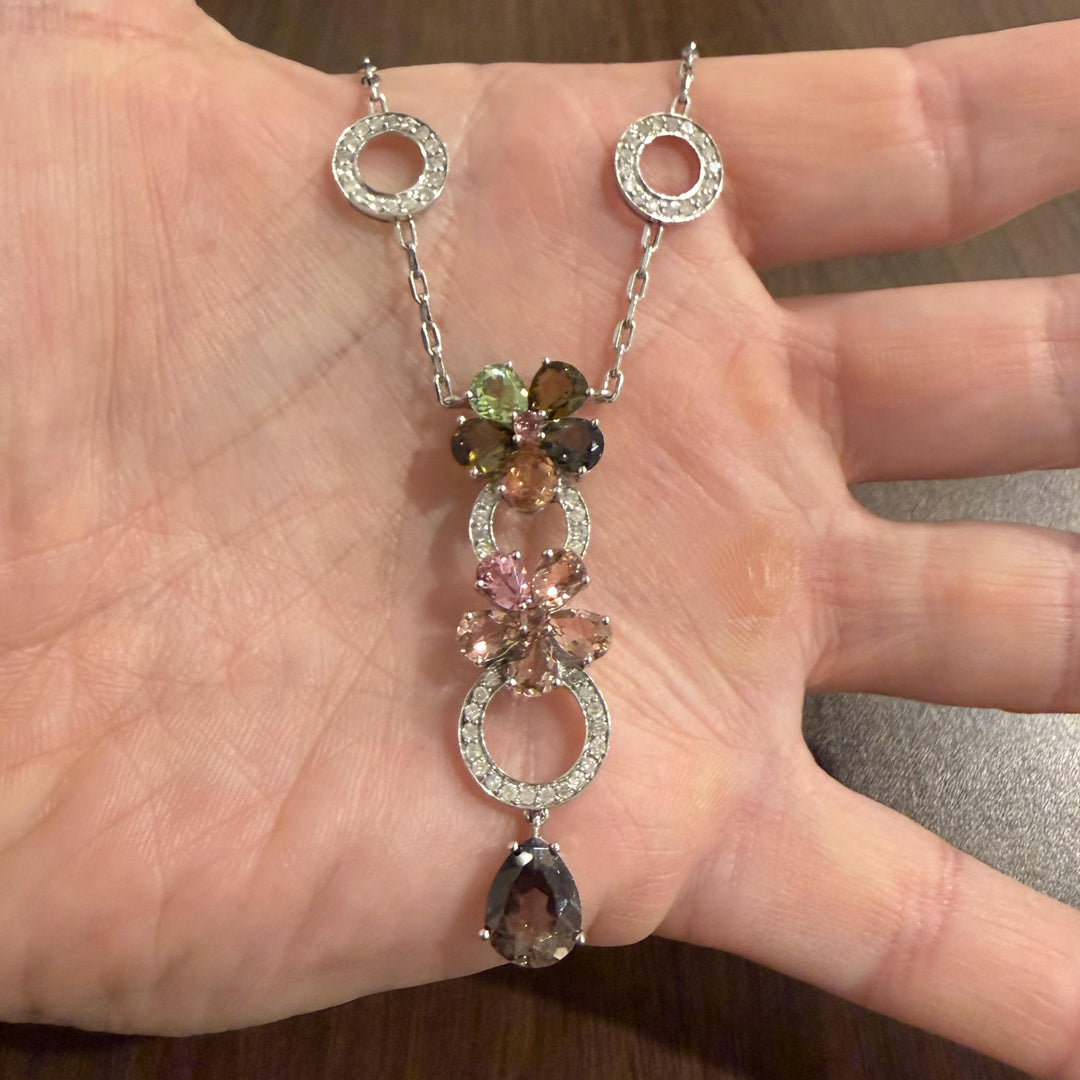 14k White Gold Multi Gemstone and Diamond Circle Station Pendant Necklace 17"