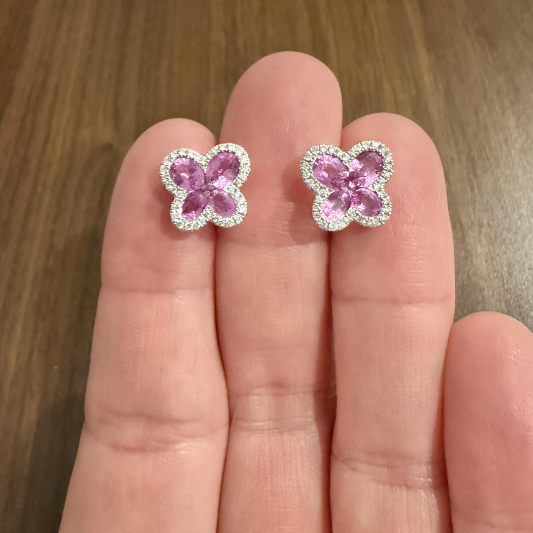 18k White Gold Pink Sapphire and 0.40cttw Diamond Butterfly Stud Earrings