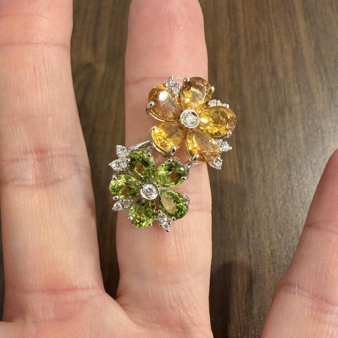 18k White Gold Citrine Peridot and 0.25cttw Diamond Bypass Floral Ring Size 7.25