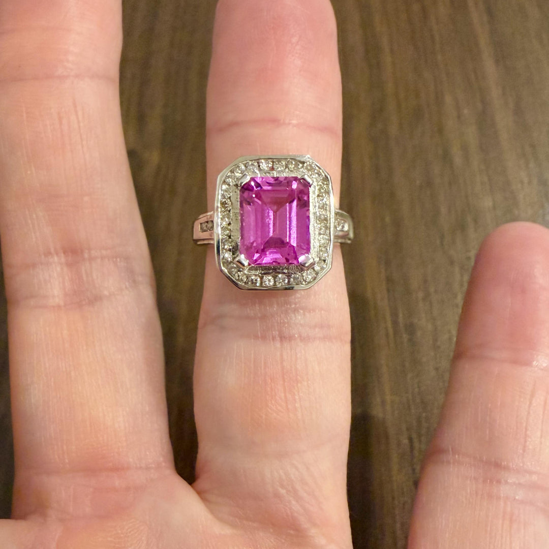 14k White Gold Pink Topaz and 0.30cttw Diamond Halo Ring Size 7
