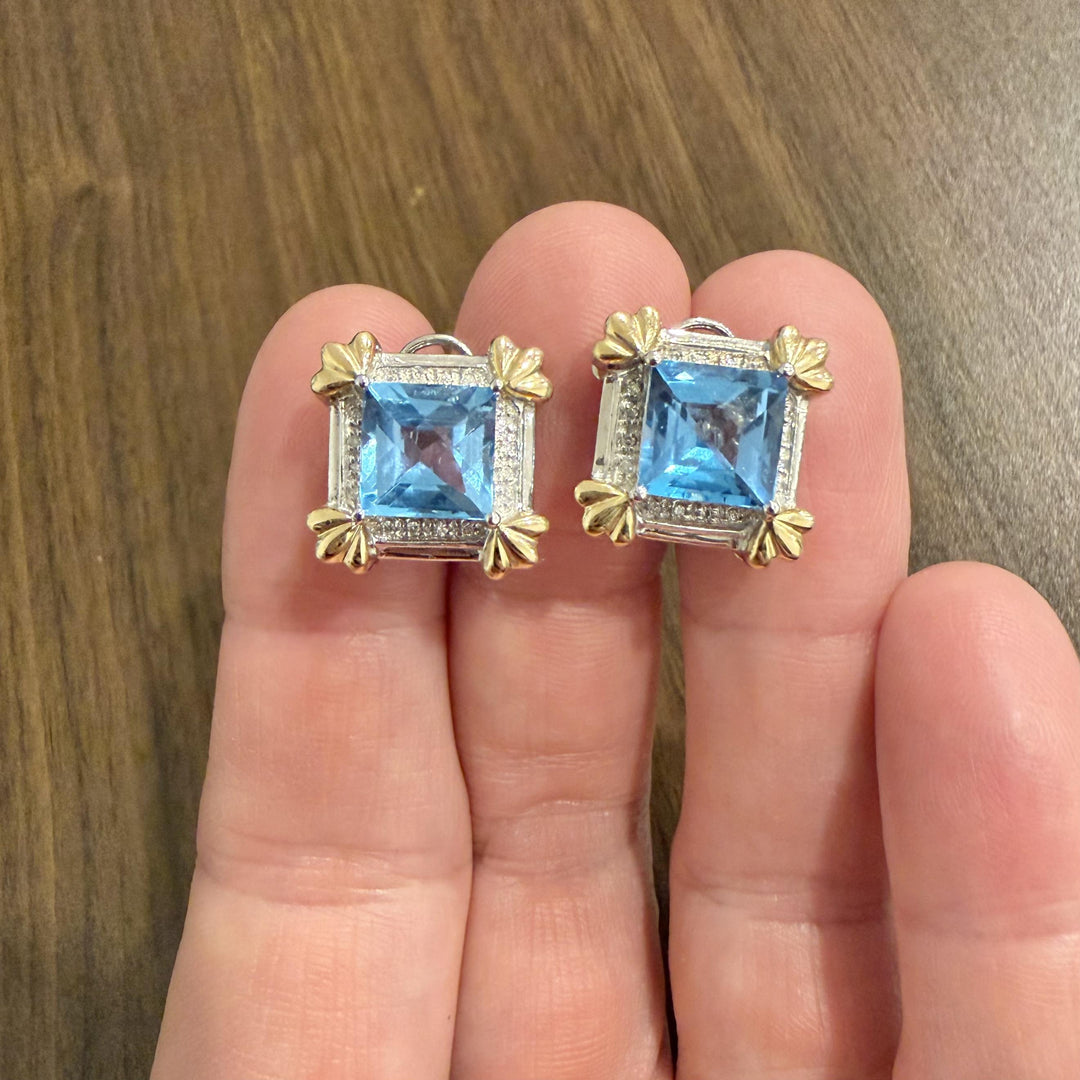 14k White and Yellow Gold Topaz and Diamond Square Stud Earrings