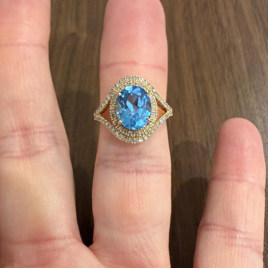 14k Yellow Gold Blue Topaz and Diamond Halo Ring Size 7
