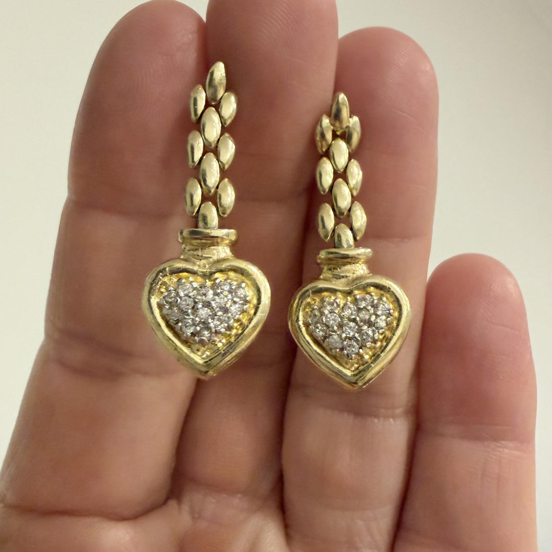 14k Yellow Gold and 0.50cttw Diamond Chain Link Heart Drop Dangle Earrings 1.5"