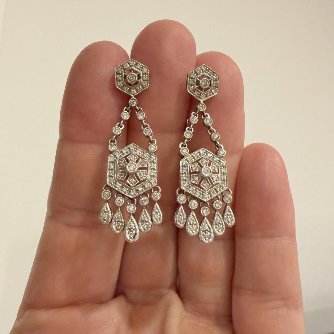 14k White Gold and 1.25cttw Diamond Vintage Filigree Drop Dangle Earrings