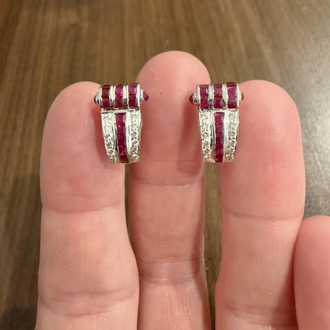 18k White Gold 1.90cttw Ruby and Diamond Vintage Huggie Earrings
