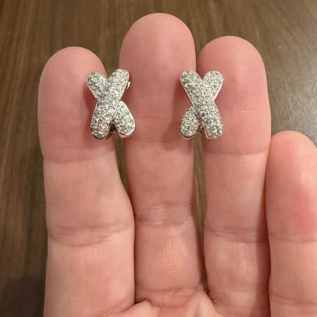 18k White Gold and 1.50cttw Pave Set Diamond Solid X Huggie Earrings