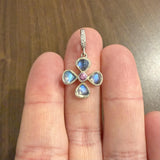 14k White Gold Rainbow Moonstone Pink Sapphire Diamond Vintage Clover Pendant