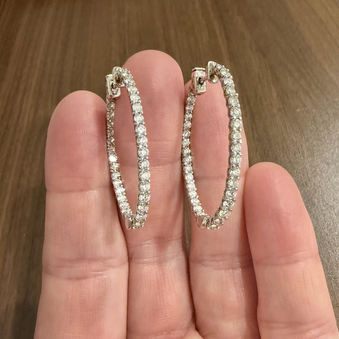 14k White Gold and 3.50cttw Diamond Inside Out Oval Hoop Earrings 1.5"