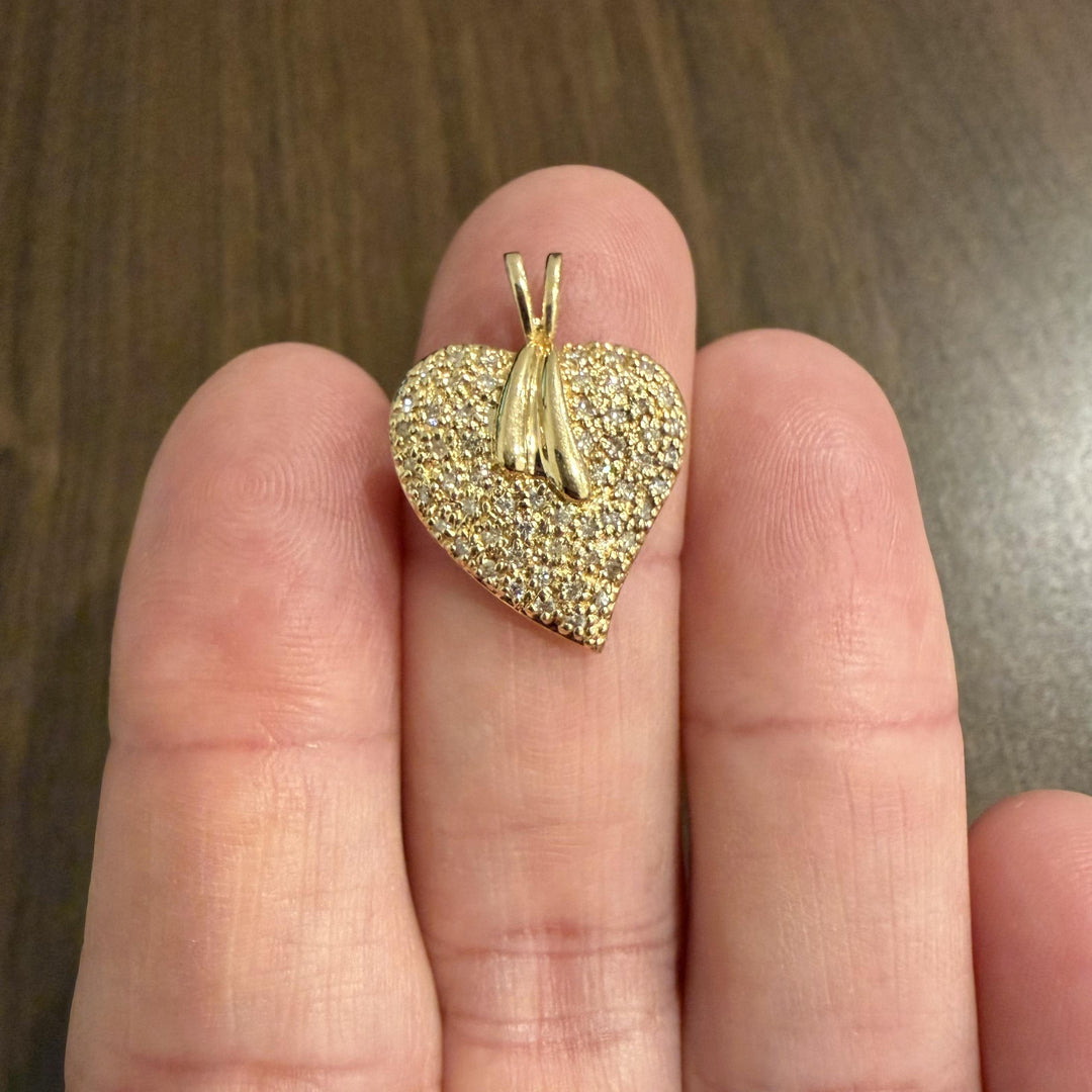 14k Yellow Gold and 0.15cttw Pave Diamond Vintage Heart Pendant 1"