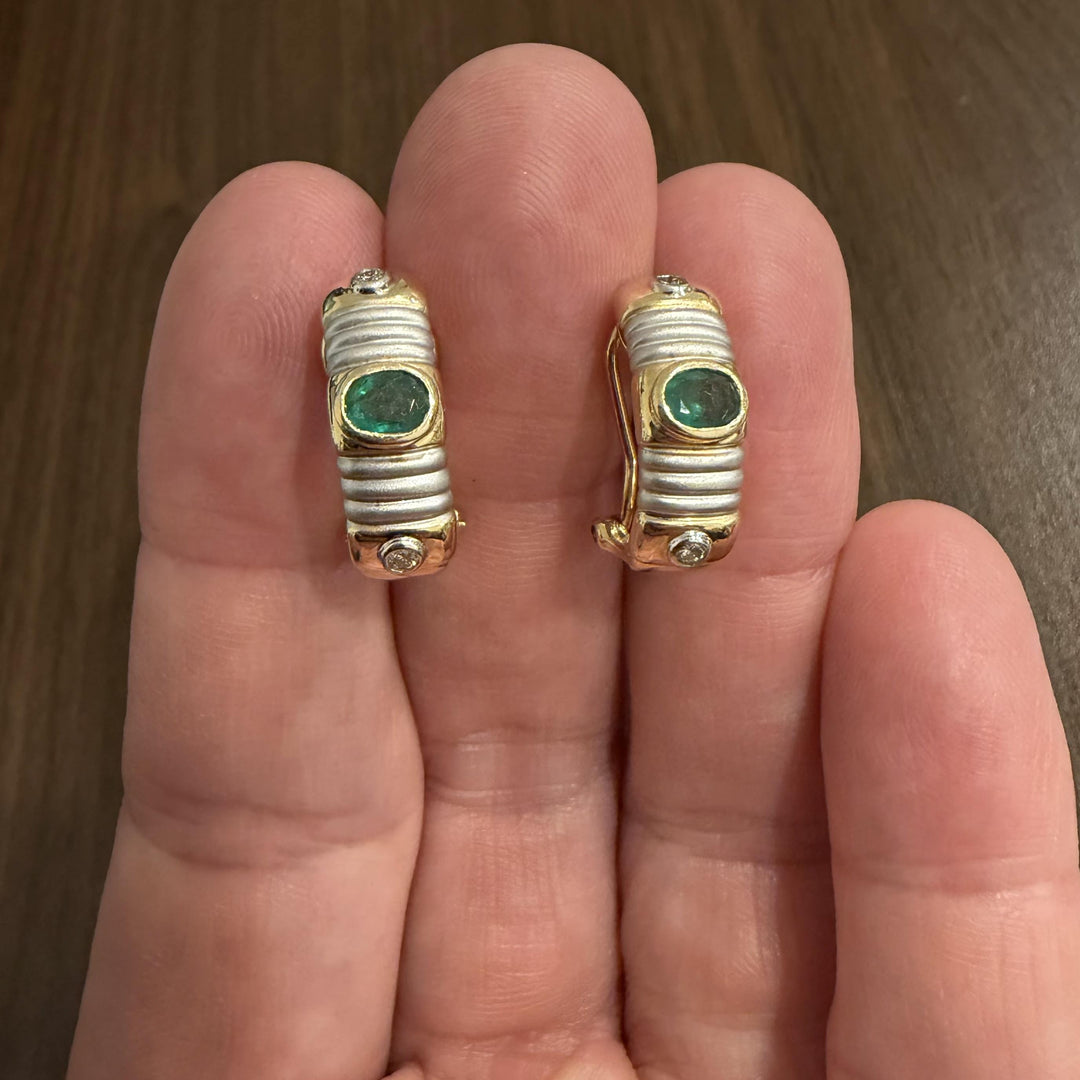 14k Yellow and White Gold Emerald and Diamond Huggie Earrings