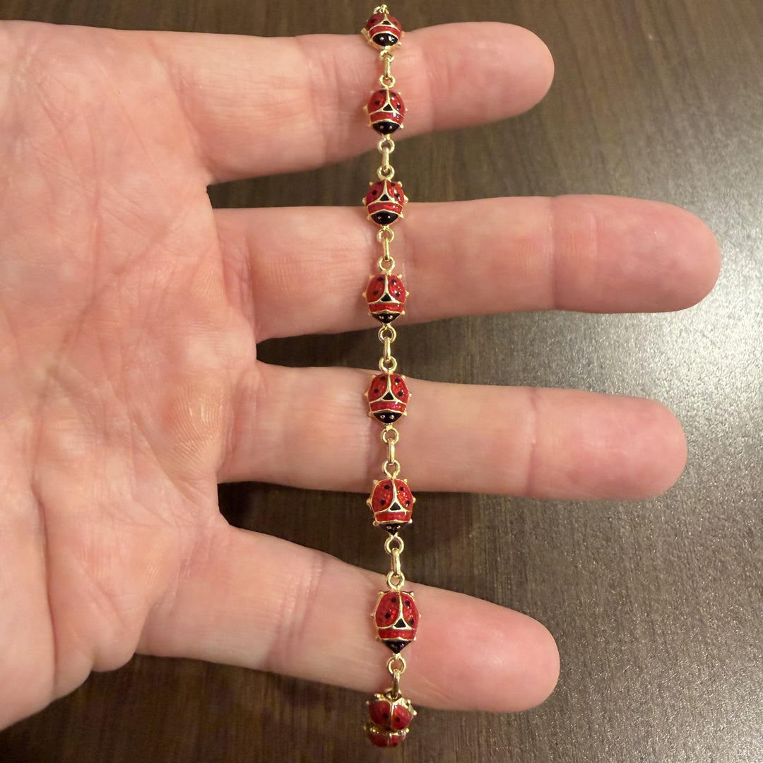 14k Yellow Gold and Enamel 5.9g Light Hollow Ladybug Link Bracelet Italy 7"
