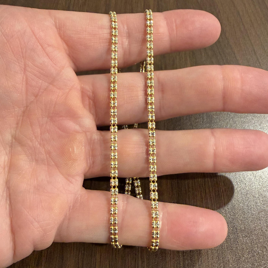 14k Yellow and White Gold 8.2g Sparkling 3mm Ice Barrel Link Necklace Italy 18"