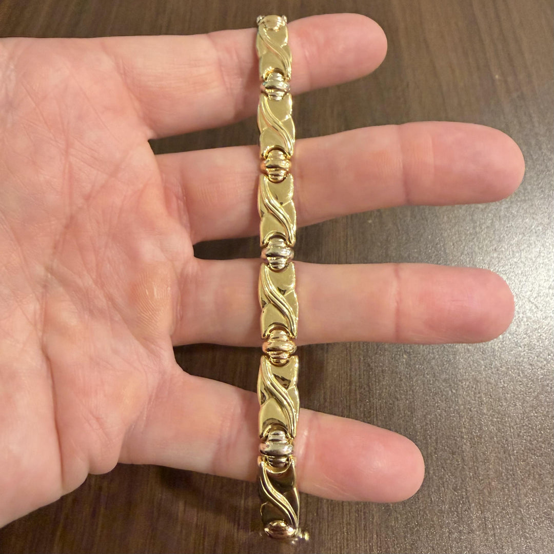 18k Yellow White and Rose Gold 19g Fancy Panel Link Bracelet 7.25"