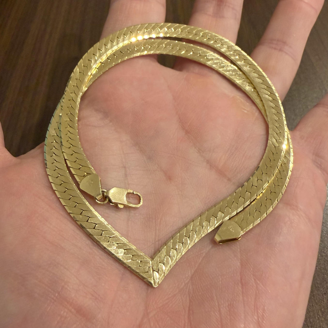 14k Yellow Gold 31.8g Solid Heavy 6mm Herringbone Link Drop V Necklace Italy 18"