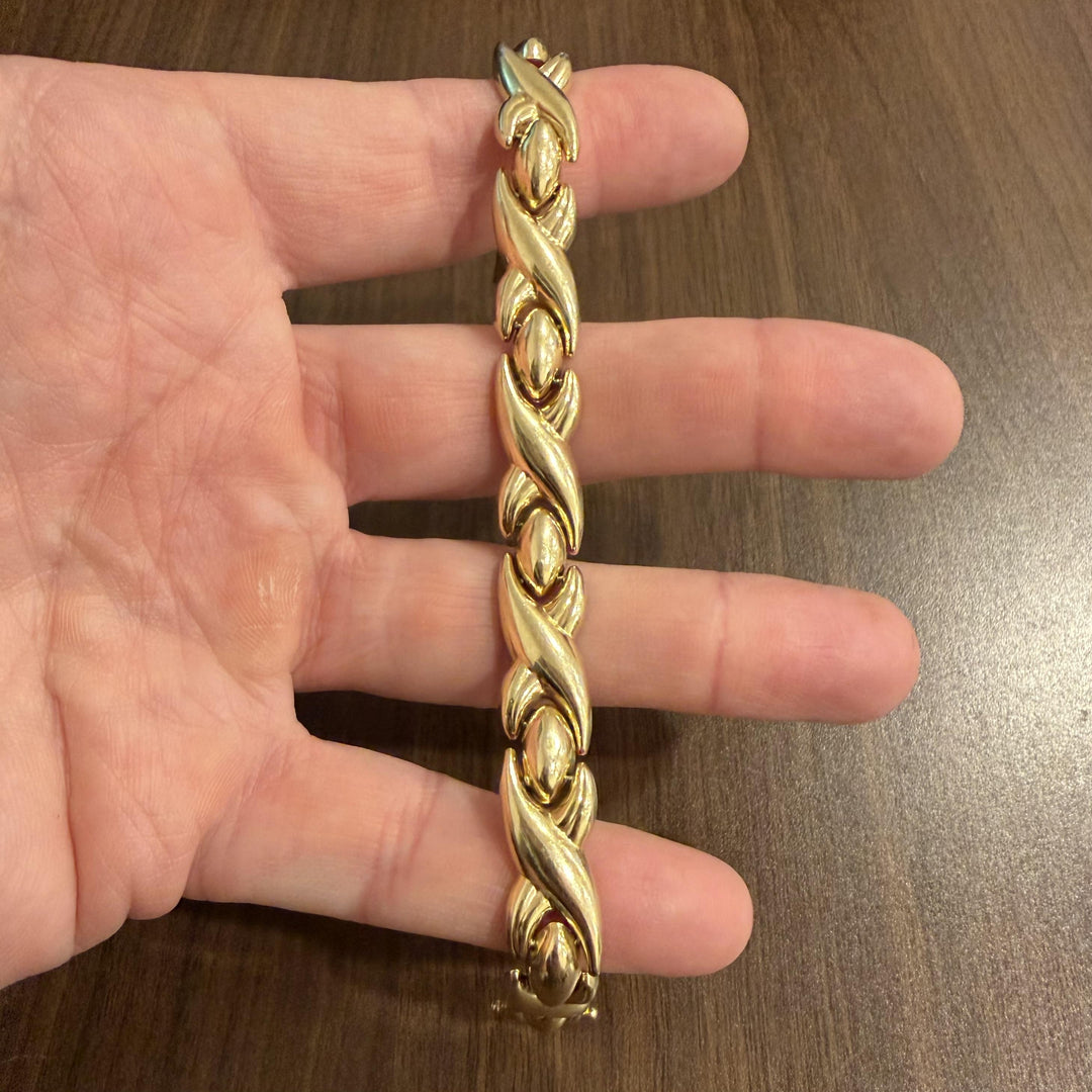 14k Yellow Gold 17.2g Thick 13mm XO Hugs and Kisses Link Bracelet Italy 7.25"