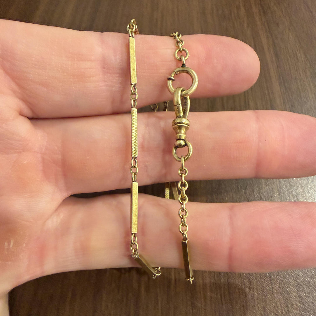 14k Yellow Gold 9.4g Vintage Solid Cable and Bar Link Dog Clip Watch Chain 13"