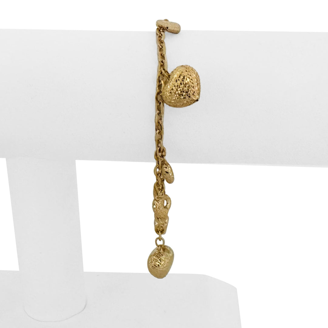 18k Yellow Gold 6.7g Hollow Ladies Cable Link Heart Charm Bracelet 7"
