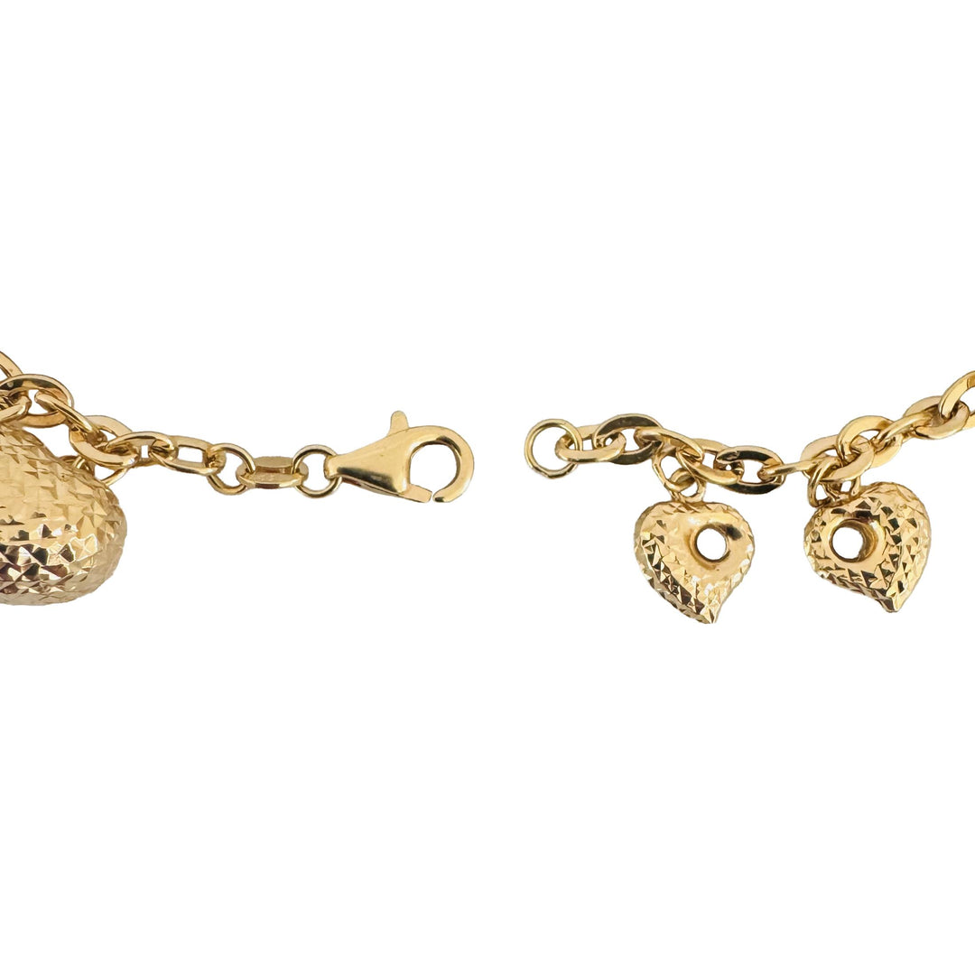 18k Yellow Gold 6.7g Hollow Ladies Cable Link Heart Charm Bracelet 7"