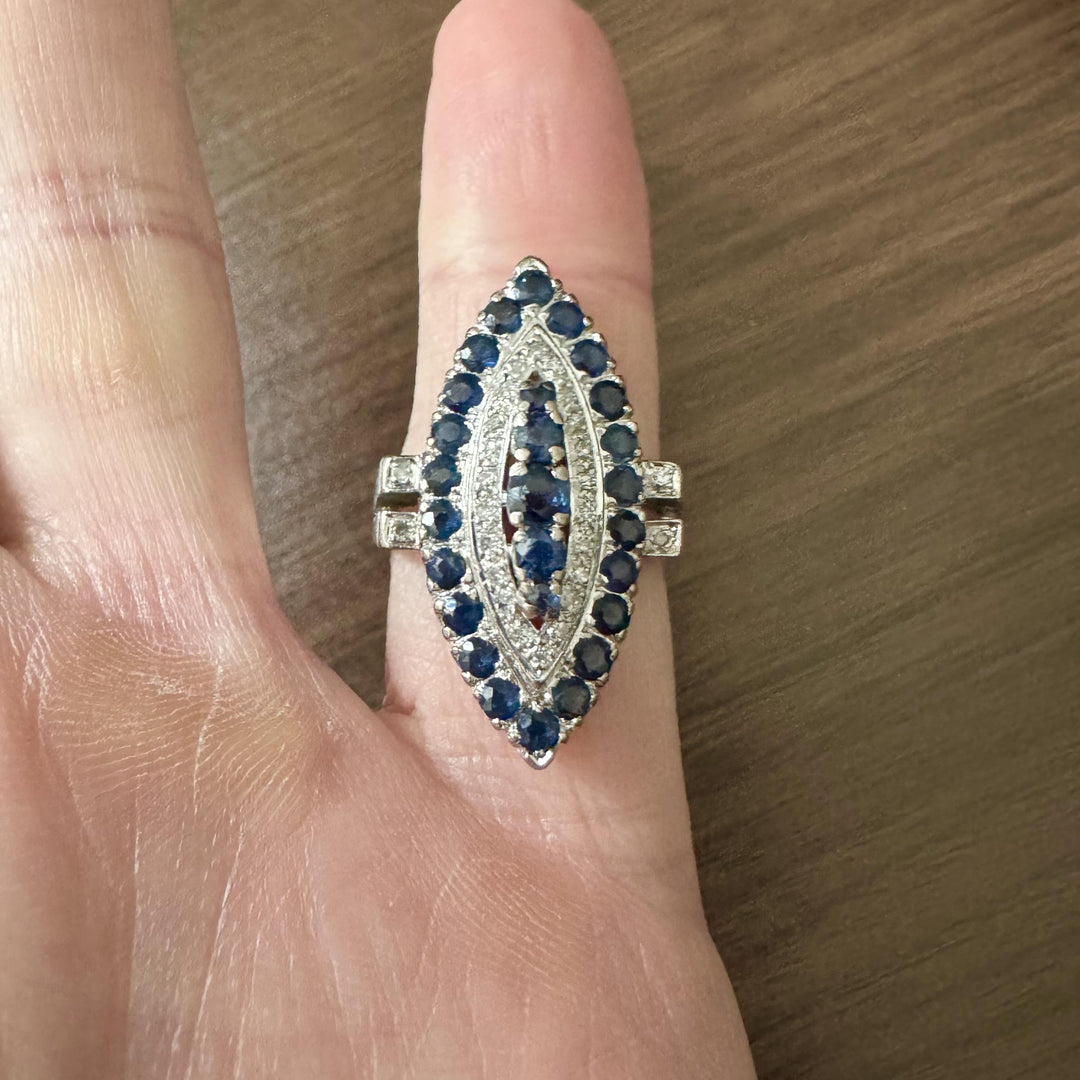 14k White Gold Blue Sapphire and Diamond Large Vintage Ring Size 7