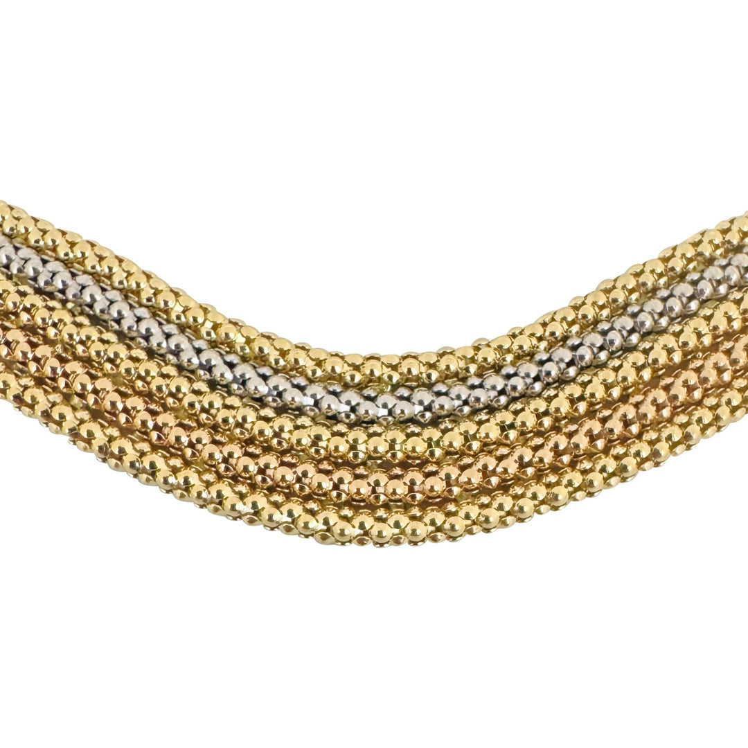18k Yellow White and Rose Gold 49.5g Multi Strand Popcorn Necklace Italy 18"