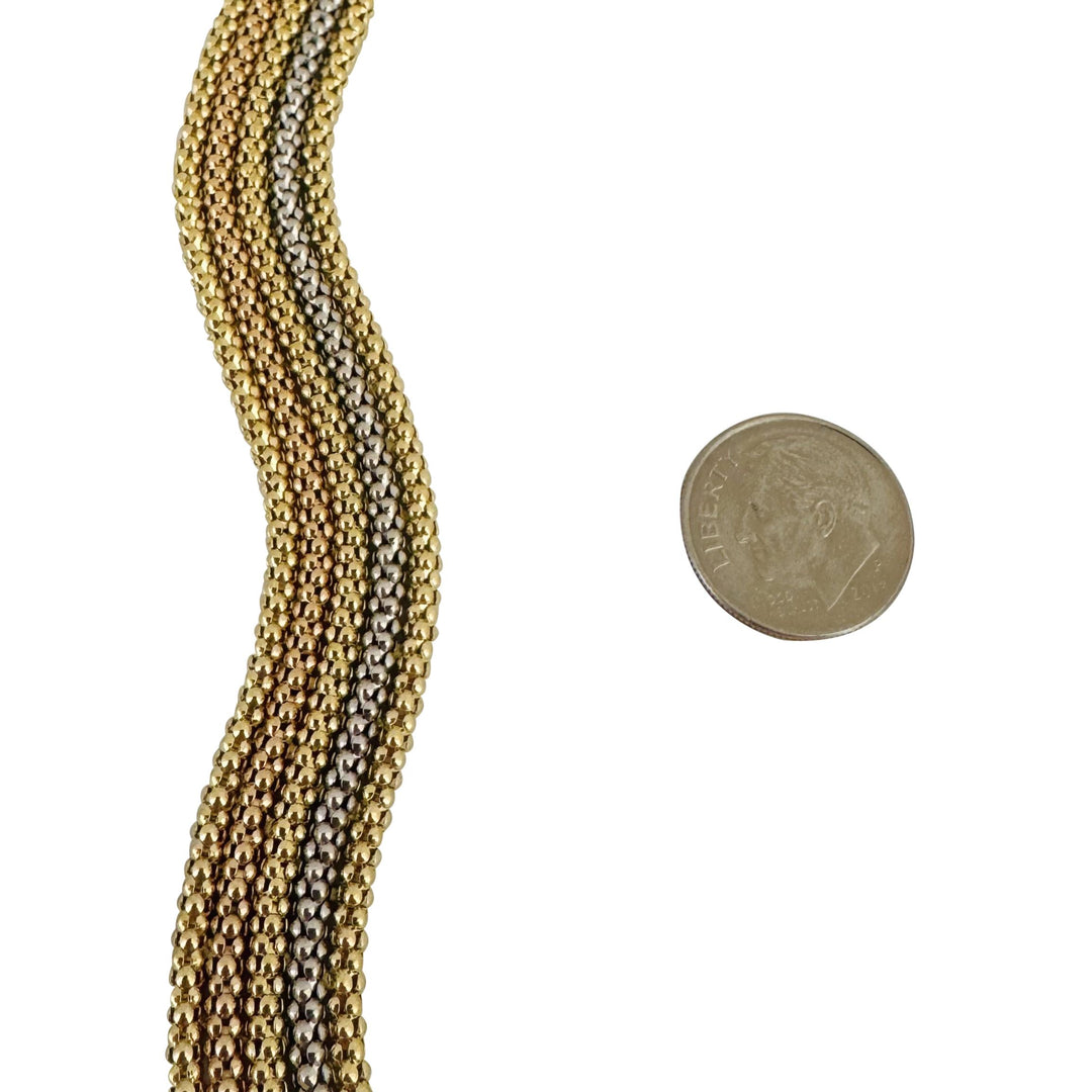 18k Yellow White and Rose Gold 49.5g Multi Strand Popcorn Necklace Italy 18"