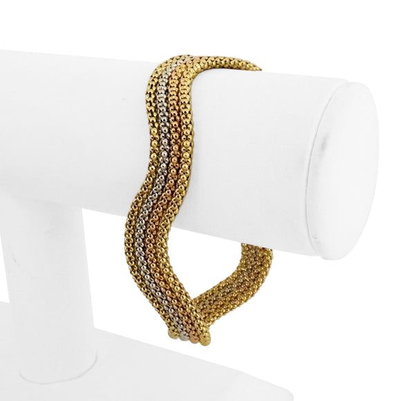 18k Yellow White and Rose Gold 24.6g Four Strand Popcorn Bracelet Italy 7.5