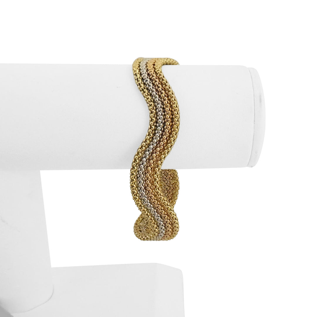 18k Yellow White and Rose Gold 24.6g Four Strand Popcorn Bracelet Italy 7.5"