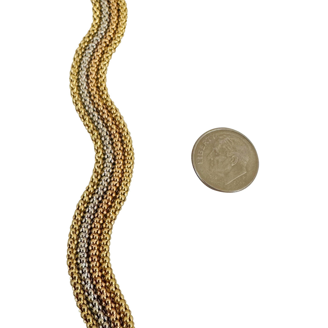 18k Yellow White and Rose Gold 24.6g Four Strand Popcorn Bracelet Italy 7.5"