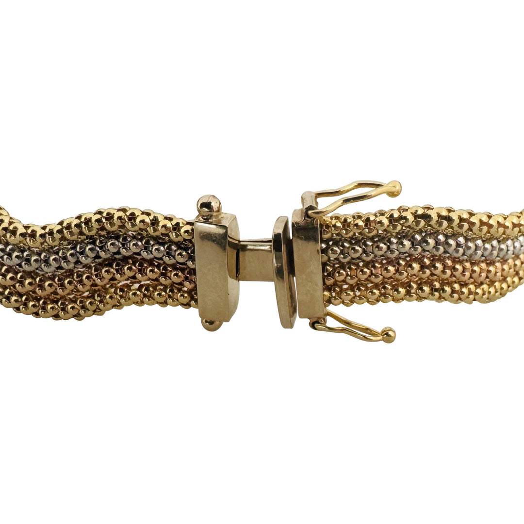 18k Yellow White and Rose Gold 24.6g Four Strand Popcorn Bracelet Italy 7.5"