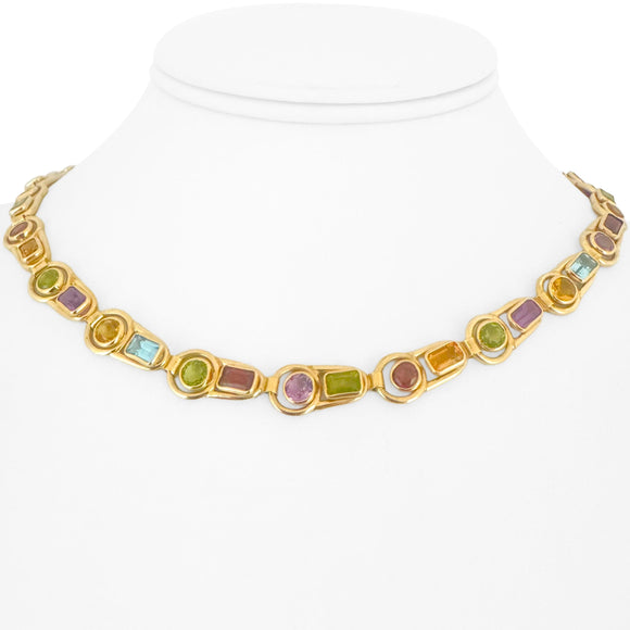 14k Yellow Gold and Multi Gemstone 23.9g Ladies Fancy Link Necklace 16