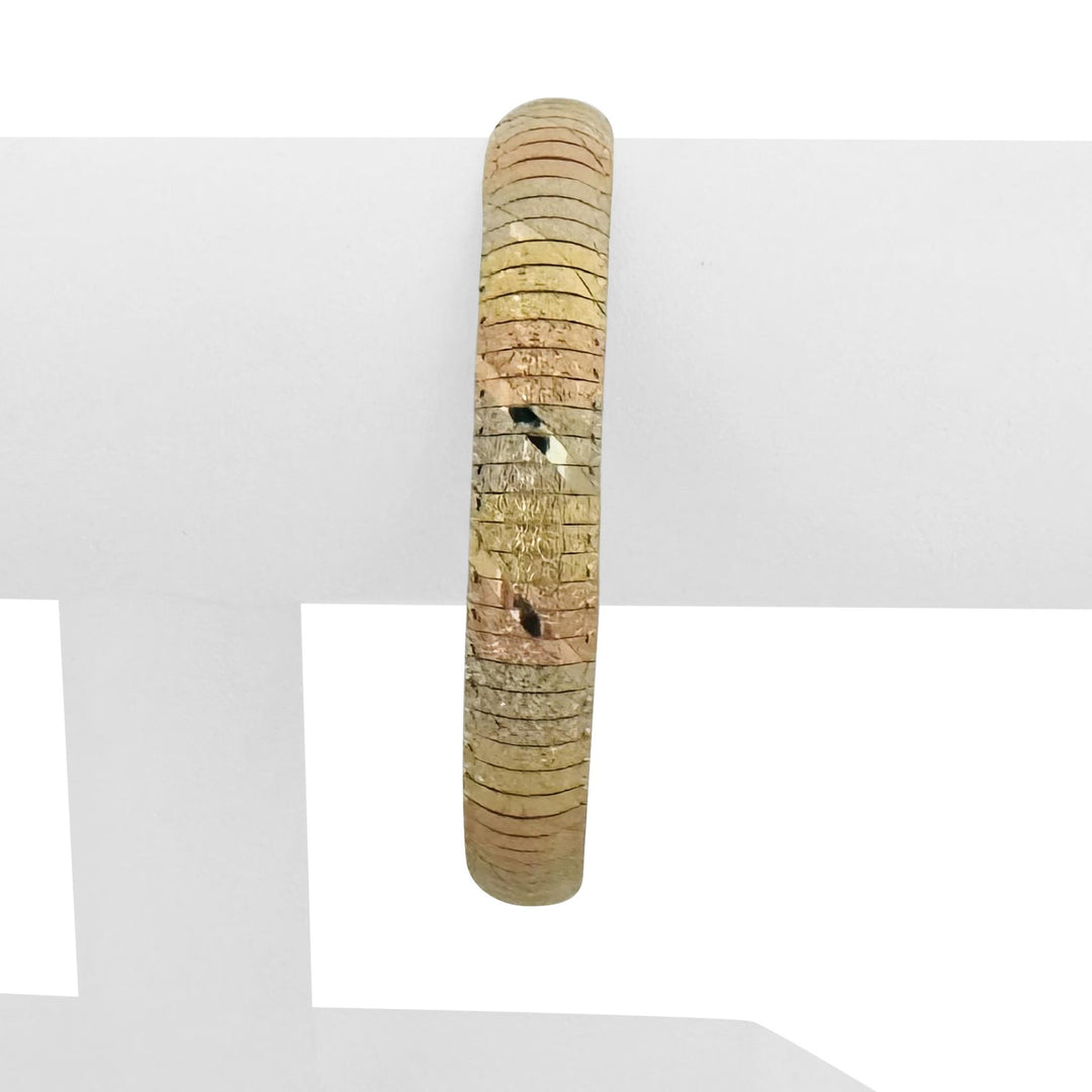 14k Yellow White and Rose Gold 23.4g Textured Omega Link Bracelet Italy 8"