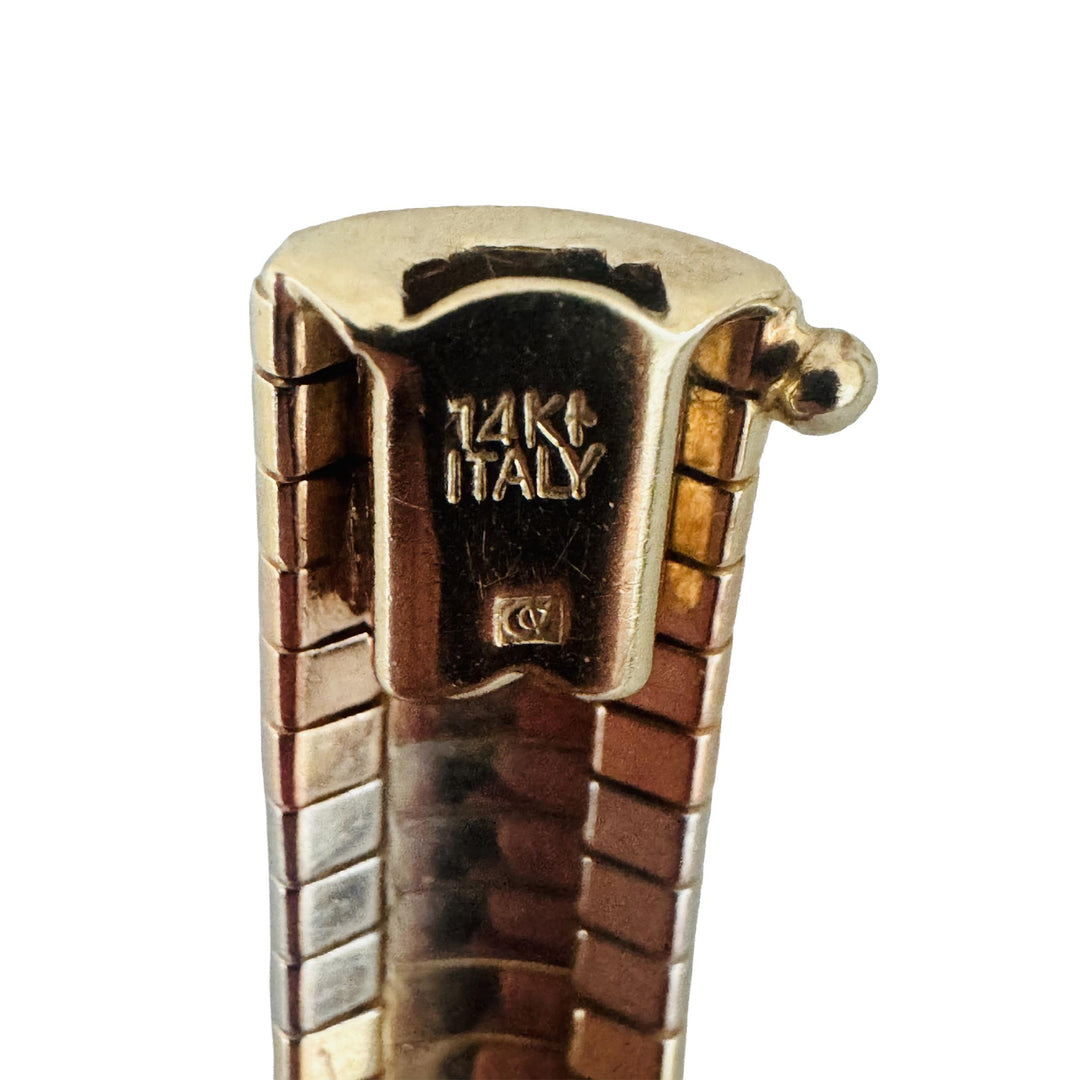 14k Yellow White and Rose Gold 23.4g Textured Omega Link Bracelet Italy 8"