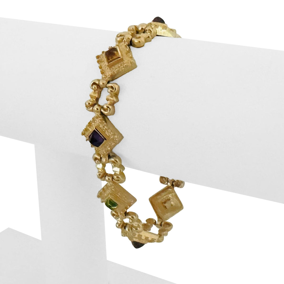 14k Yellow Gold 26.9g Vintage Heavy Multi Gemstone Fancy Link Bracelet 7"