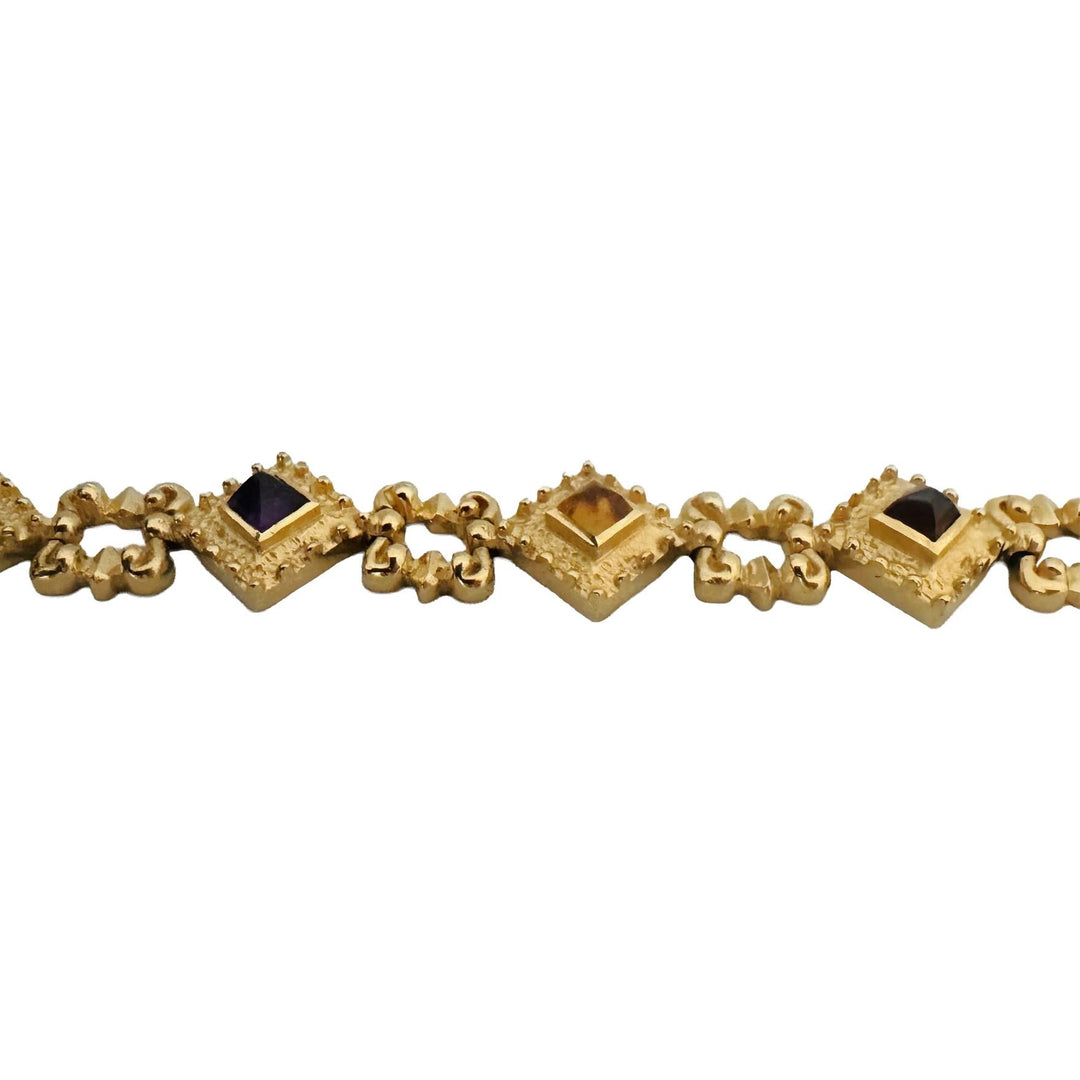 14k Yellow Gold 26.9g Vintage Heavy Multi Gemstone Fancy Link Bracelet 7"