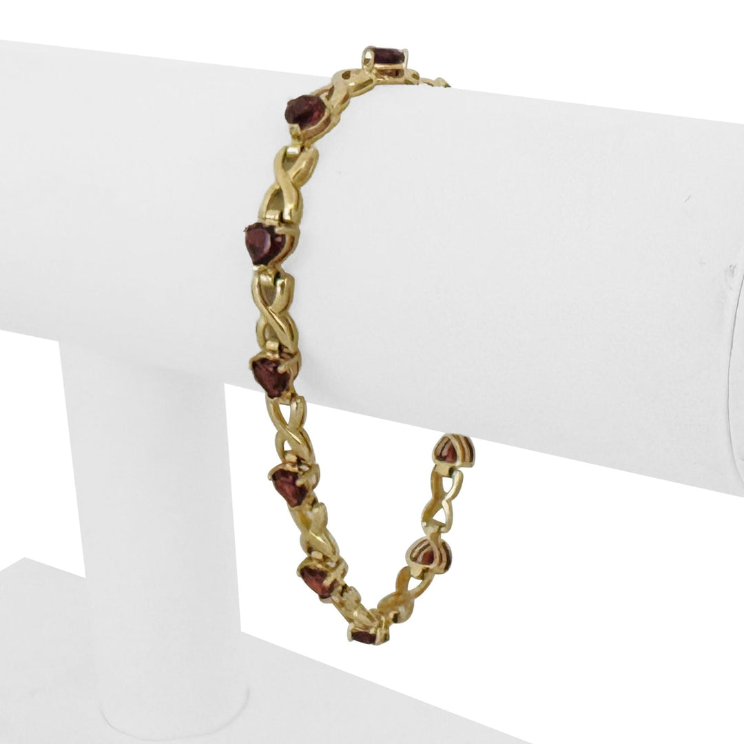 14k Yellow Gold 10.7g Heart Cut Garnet Ladies Link Bracelet 7.25"