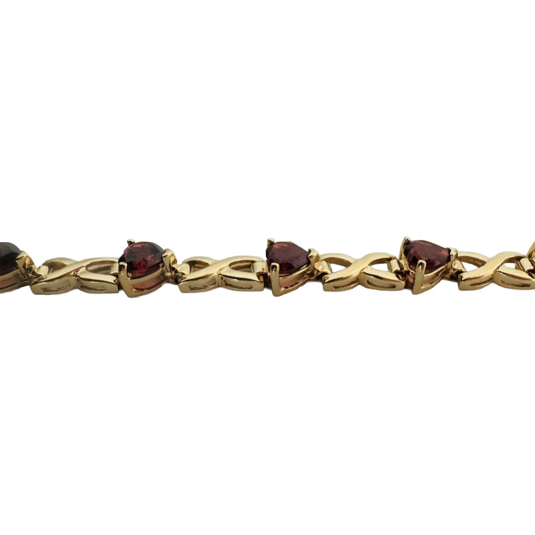 14k Yellow Gold 10.7g Heart Cut Garnet Ladies Link Bracelet 7.25"