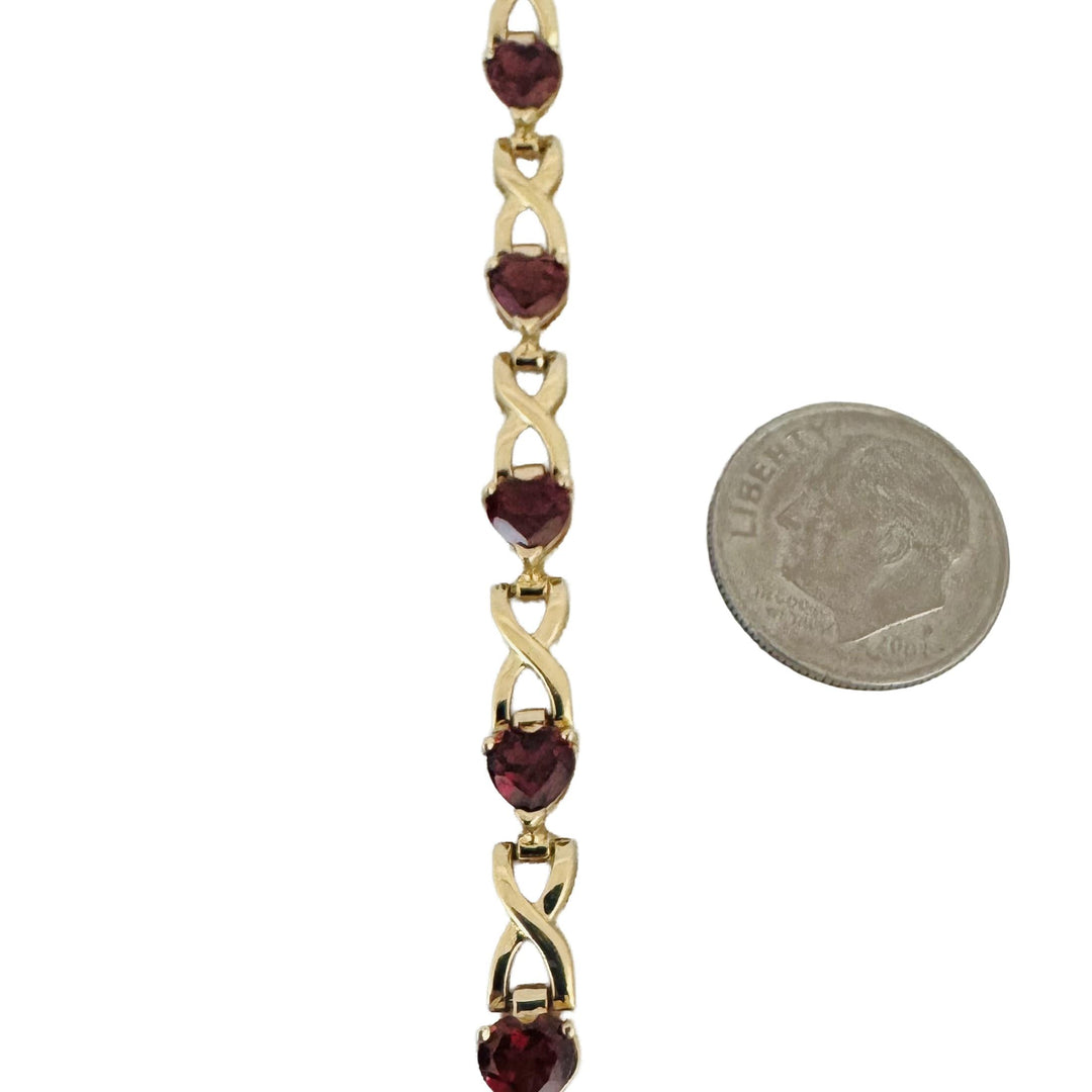 14k Yellow Gold 10.7g Heart Cut Garnet Ladies Link Bracelet 7.25"